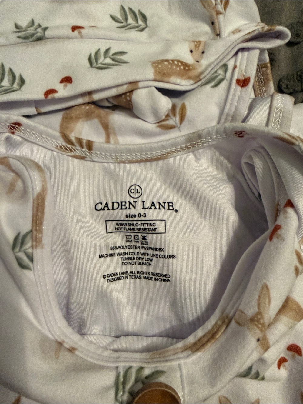 Caden Lane White Knit Baby Knotted Gown & Hat with Tan Deer and Green Leaves - Picture 2 of 2